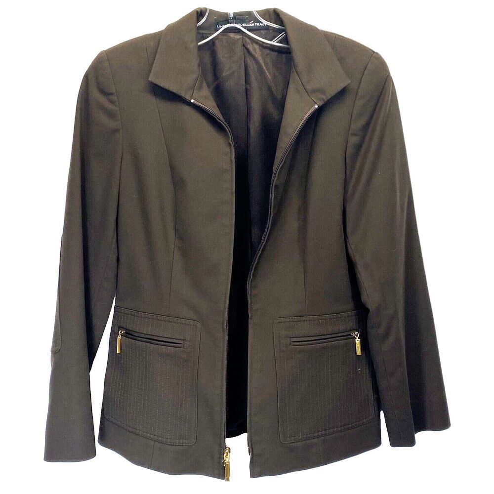 Linda Allard Ellen Tracy Women' Blazer Jacket Petite 4 Full Gold Zip High Collar